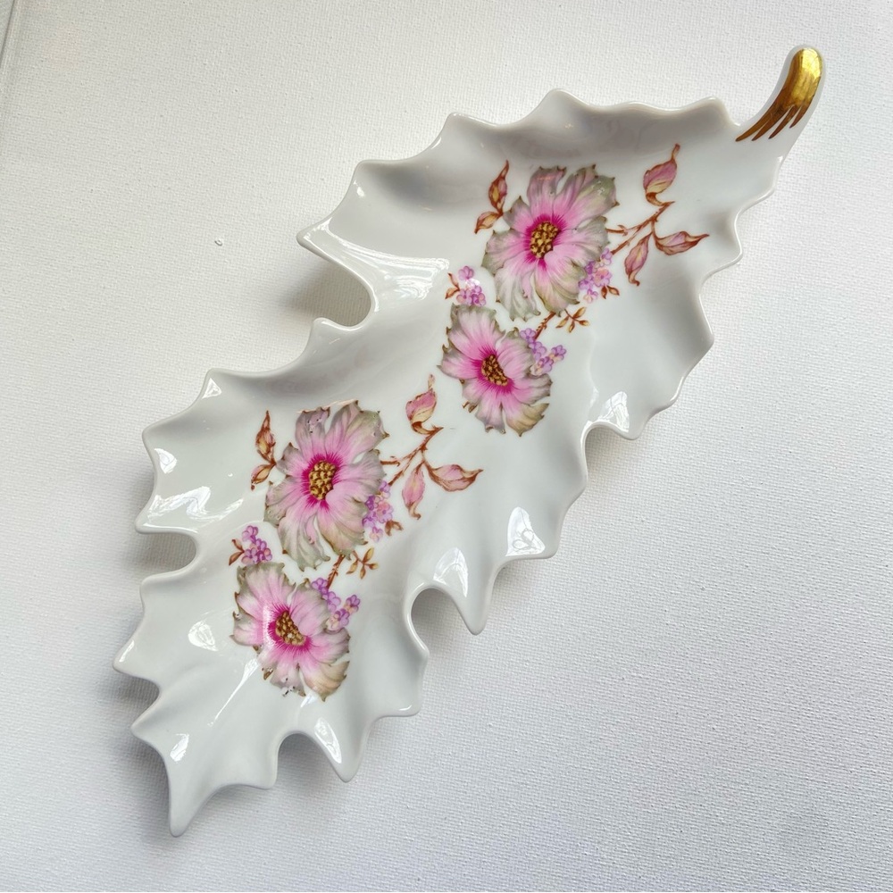 Vintage Mitterteich Bavaria Germany porcelain leaf dish white with pink flowers